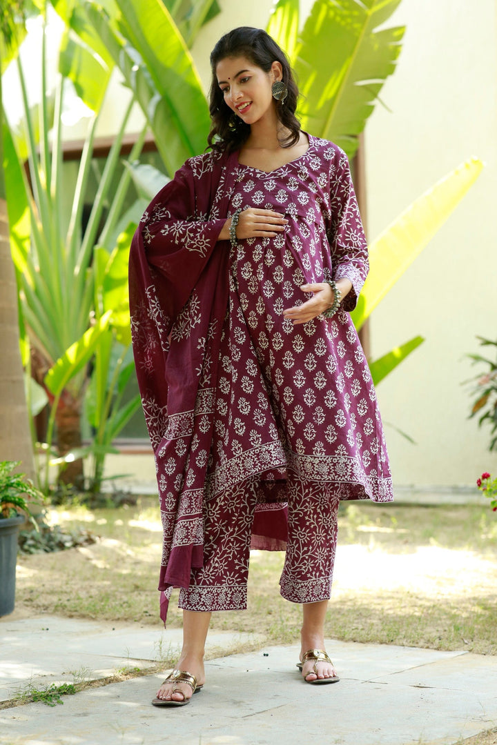 Classic Sangria Floral Maternity & Nursing Kurta + Bump Band Bottom + Dupatta (3 Pc) (100% Cotton) momzjoy.com