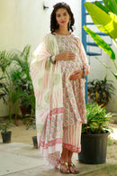 Baby Pink Blossom Maternity & Nursing Kurta + Bump Band Bottom + Dupatta (3 Pc) (100% Cotton) momzjoy.com