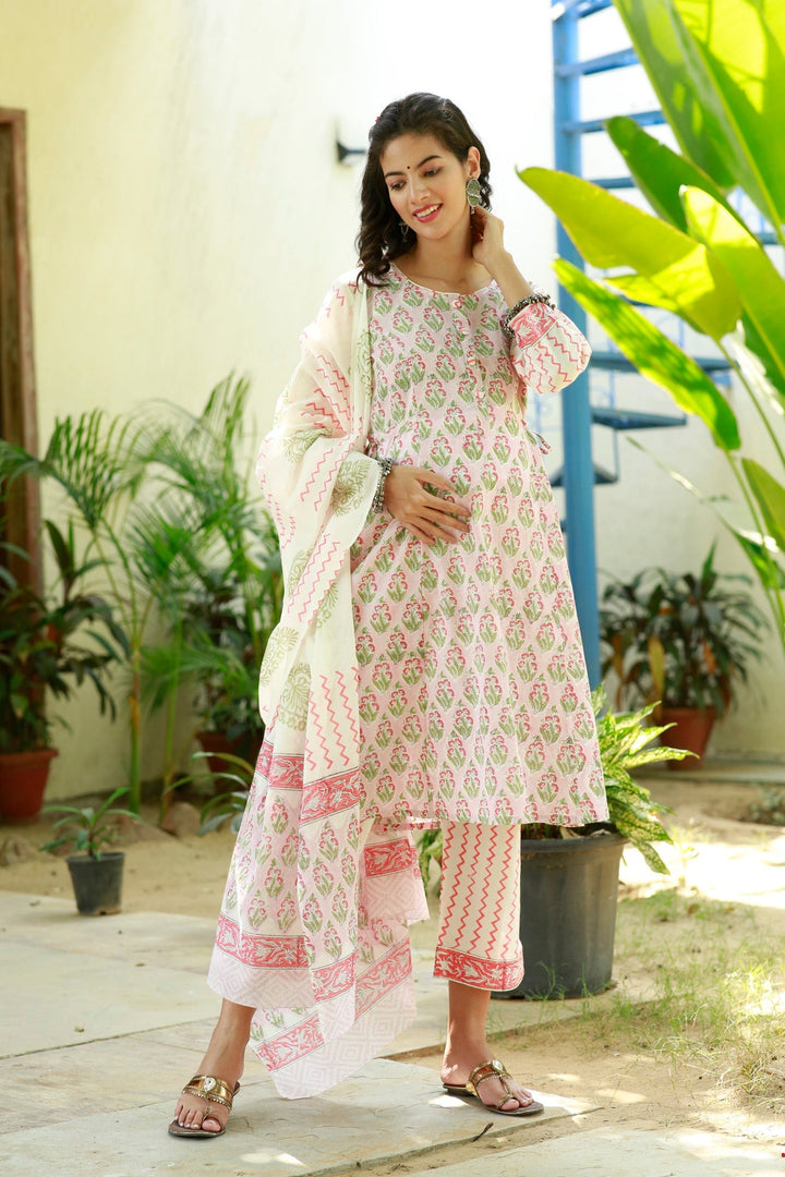 Baby Pink Blossom Maternity & Nursing Kurta + Bump Band Bottom + Dupatta (3 Pc) (100% Cotton) momzjoy.com