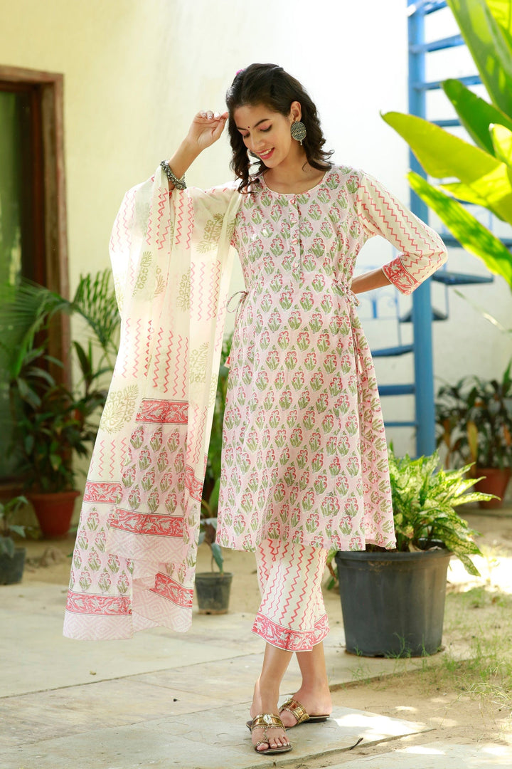 Baby Pink Blossom Maternity & Nursing Kurta + Bump Band Bottom + Dupatta (3 Pc) (100% Cotton) momzjoy.com