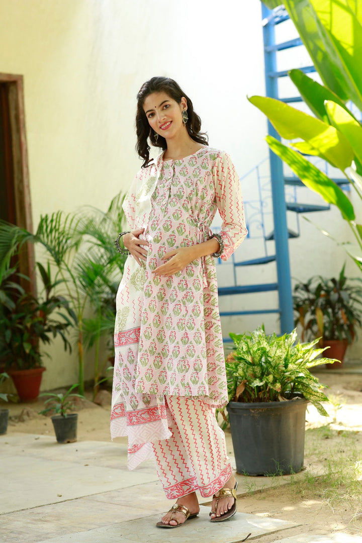 Baby Pink Blossom Maternity & Nursing Kurta + Bump Band Bottom + Dupatta (3 Pc) (100% Cotton) momzjoy.com