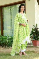 Luxe Lime Green Floral Maternity & Nursing Kurta + Bump Band Bottom + Dupatta (3 Pc) momzjoy.com