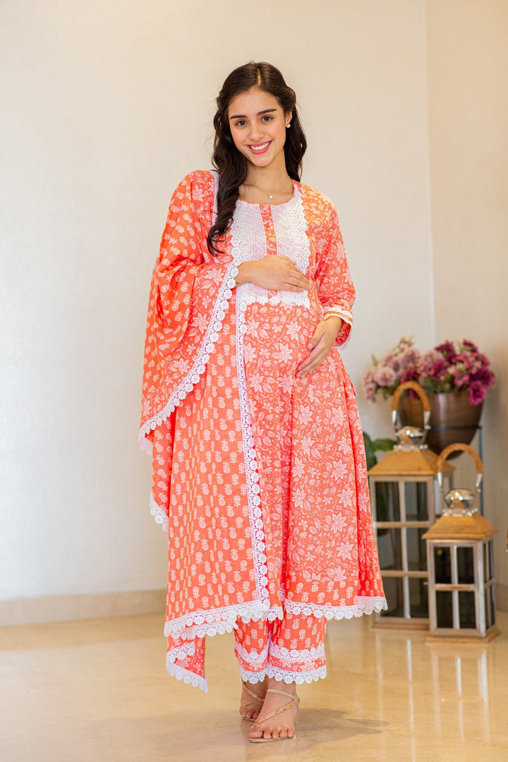 Daisy Pink Maternity & Nursing Kurta + Bump Band Bottom + Dupatta (3 Pc) (100% Cotton) momzjoy.com