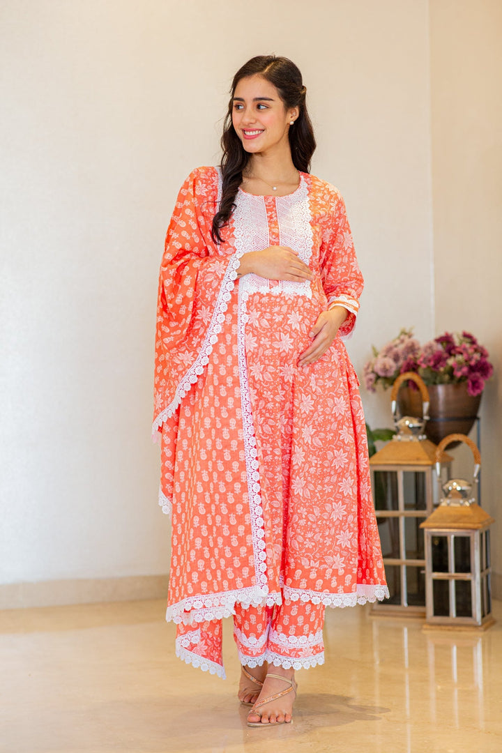 Daisy Pink Maternity & Nursing Kurta + Bump Band Bottom + Dupatta (3 Pc) (100% Cotton) momzjoy.com