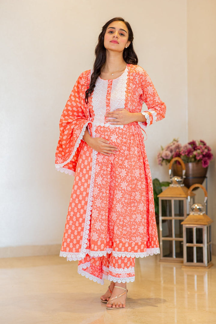 Daisy Pink Maternity & Nursing Kurta + Bump Band Bottom + Dupatta (3 Pc) (100% Cotton) momzjoy.com