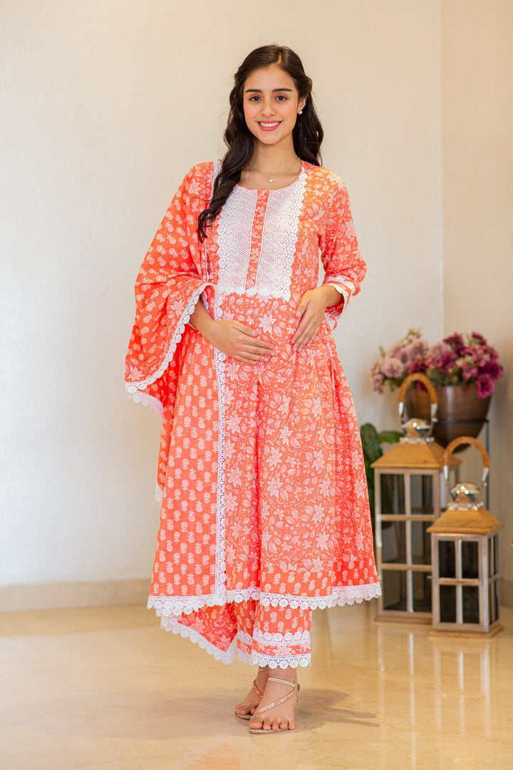 Daisy Pink Maternity & Nursing Kurta + Bump Band Bottom + Dupatta (3 Pc) (100% Cotton) momzjoy.com