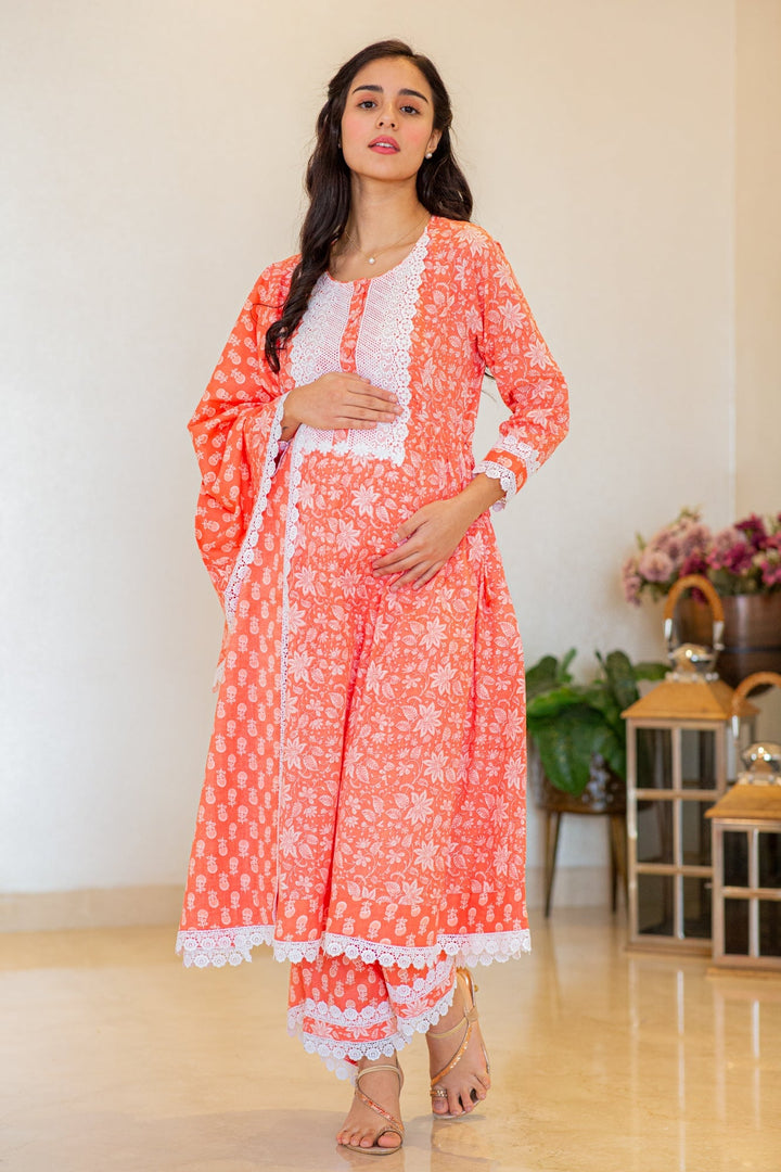 Daisy Pink Maternity & Nursing Kurta + Bump Band Bottom + Dupatta (3 Pc) (100% Cotton) momzjoy.com