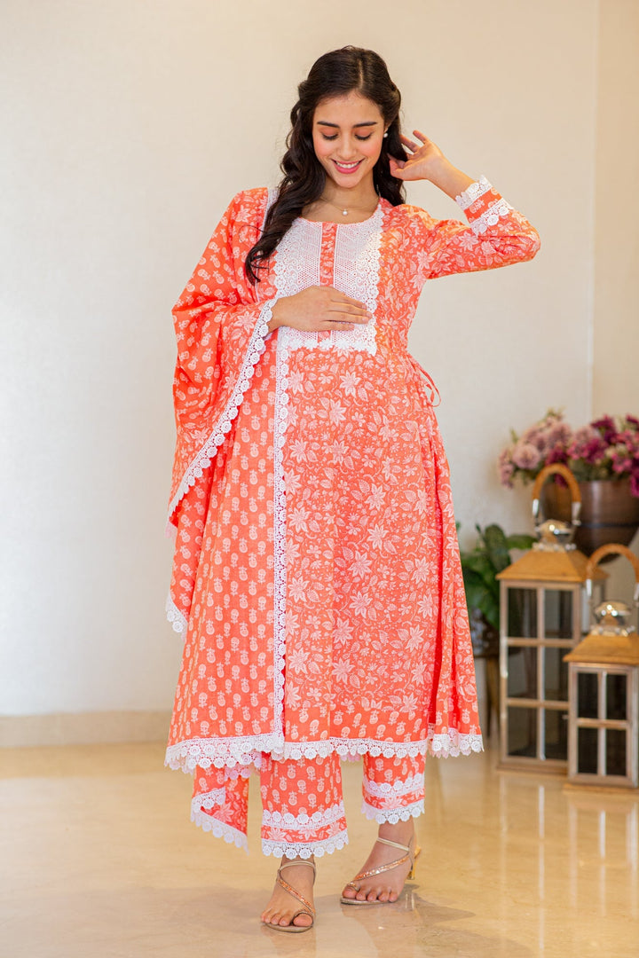 Daisy Pink Maternity & Nursing Kurta + Bump Band Bottom + Dupatta (3 Pc) (100% Cotton) momzjoy.com