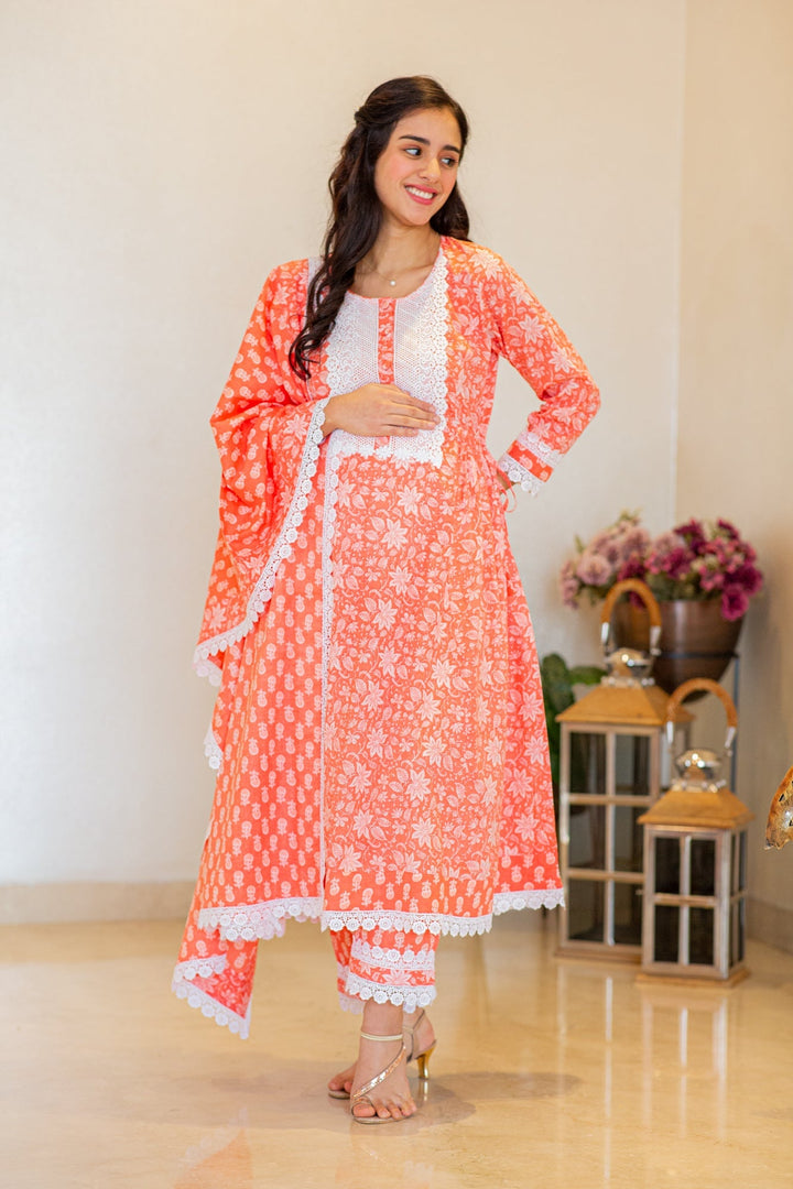 Daisy Pink Maternity & Nursing Kurta + Bump Band Bottom + Dupatta (3 Pc) (100% Cotton) momzjoy.com