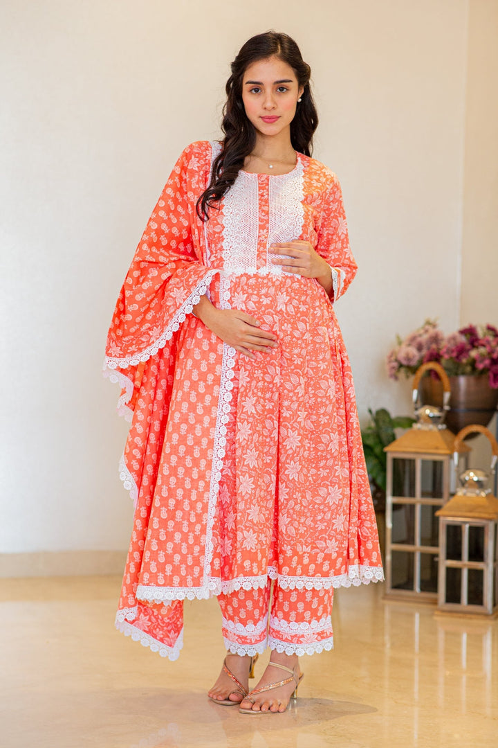 Daisy Pink Maternity & Nursing Kurta + Bump Band Bottom + Dupatta (3 Pc) (100% Cotton) momzjoy.com