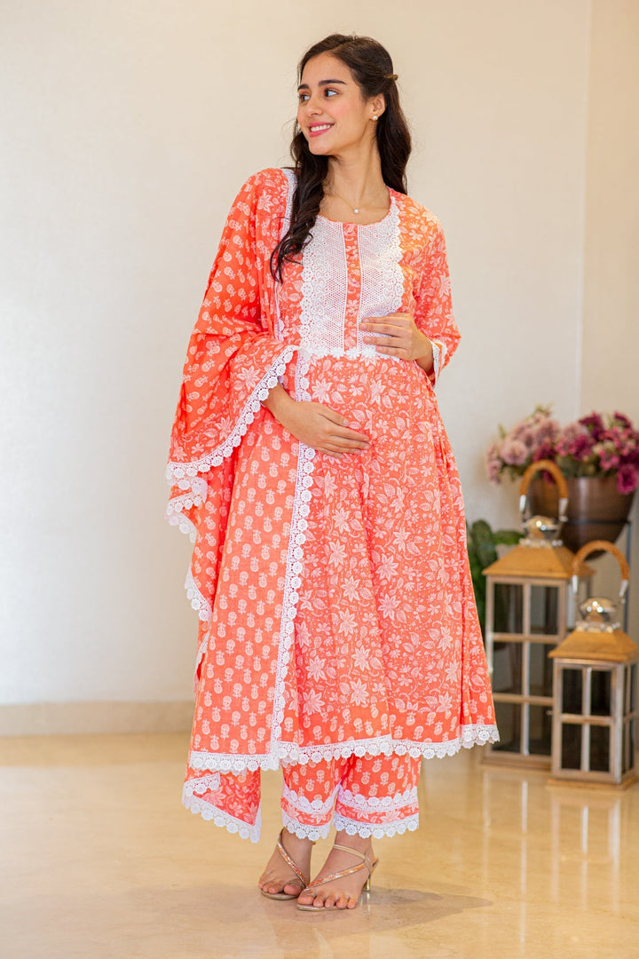 Daisy Pink Maternity & Nursing Kurta + Bump Band Bottom + Dupatta (3 Pc) (100% Cotton) momzjoy.com