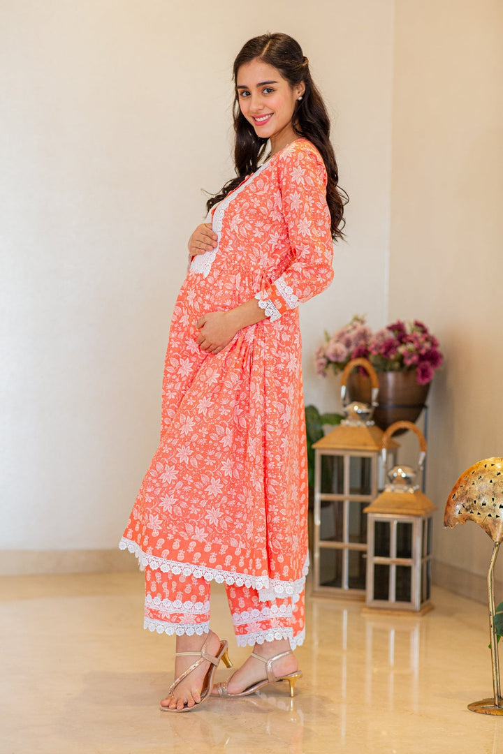 Daisy Pink Maternity & Nursing Kurta + Bump Band Bottom + Dupatta (3 Pc) (100% Cotton) momzjoy.com