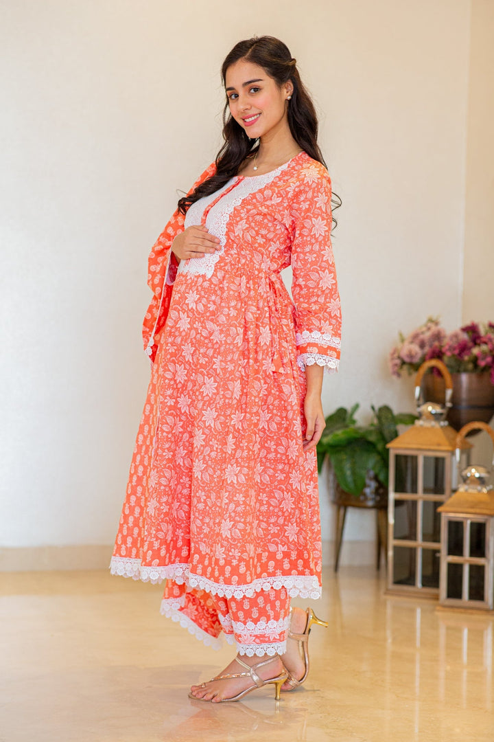 Daisy Pink Maternity & Nursing Kurta + Bump Band Bottom + Dupatta (3 Pc) (100% Cotton) momzjoy.com