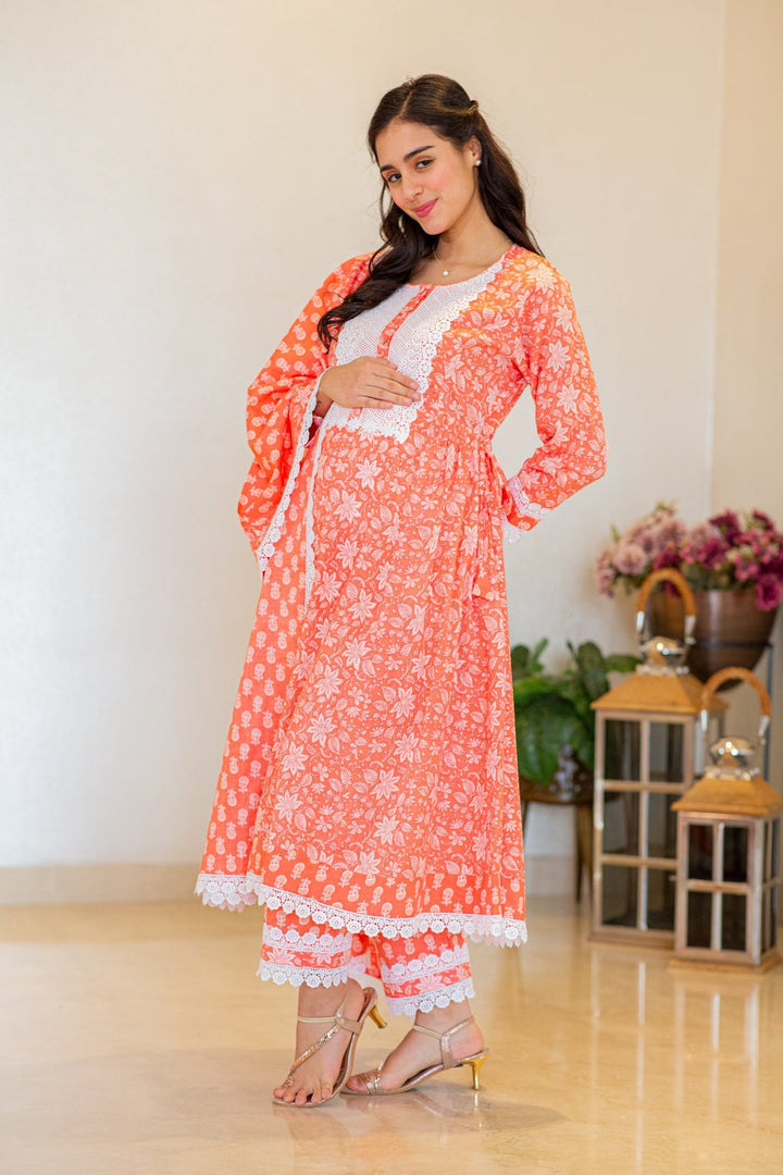 Daisy Pink Maternity & Nursing Kurta + Bump Band Bottom + Dupatta (3 Pc) (100% Cotton) momzjoy.com