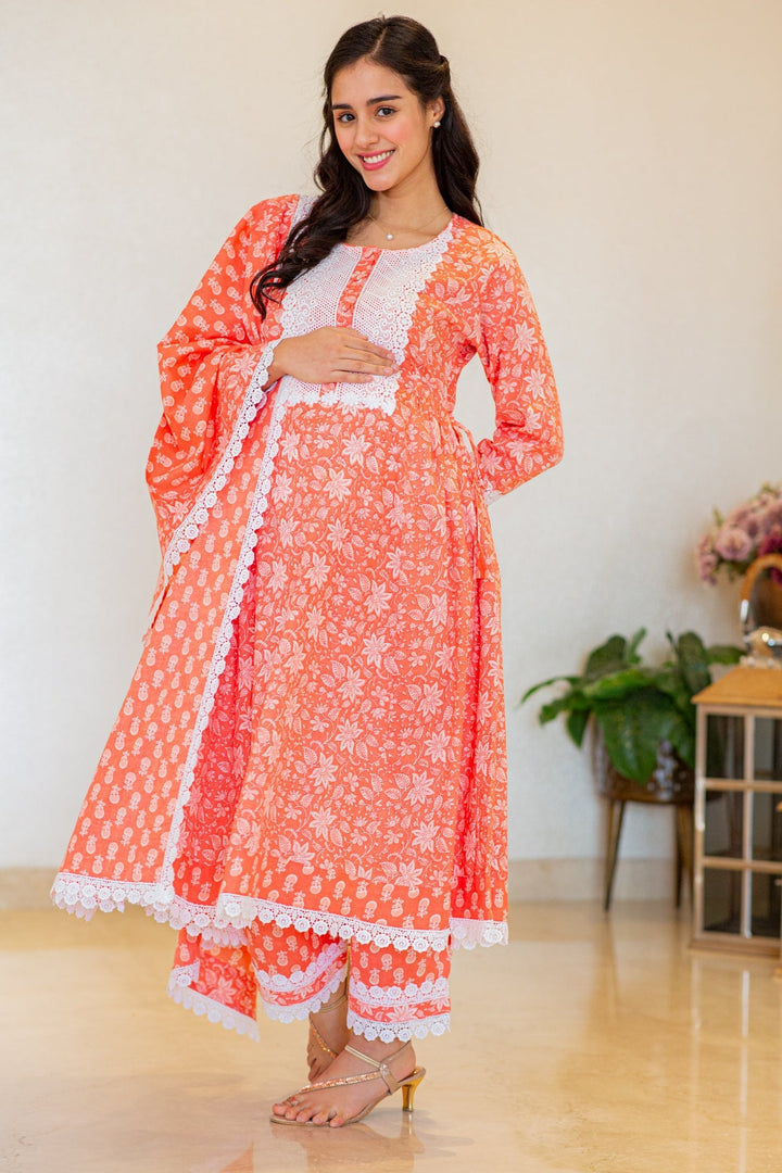 Daisy Pink Maternity & Nursing Kurta + Bump Band Bottom + Dupatta (3 Pc) (100% Cotton) momzjoy.com