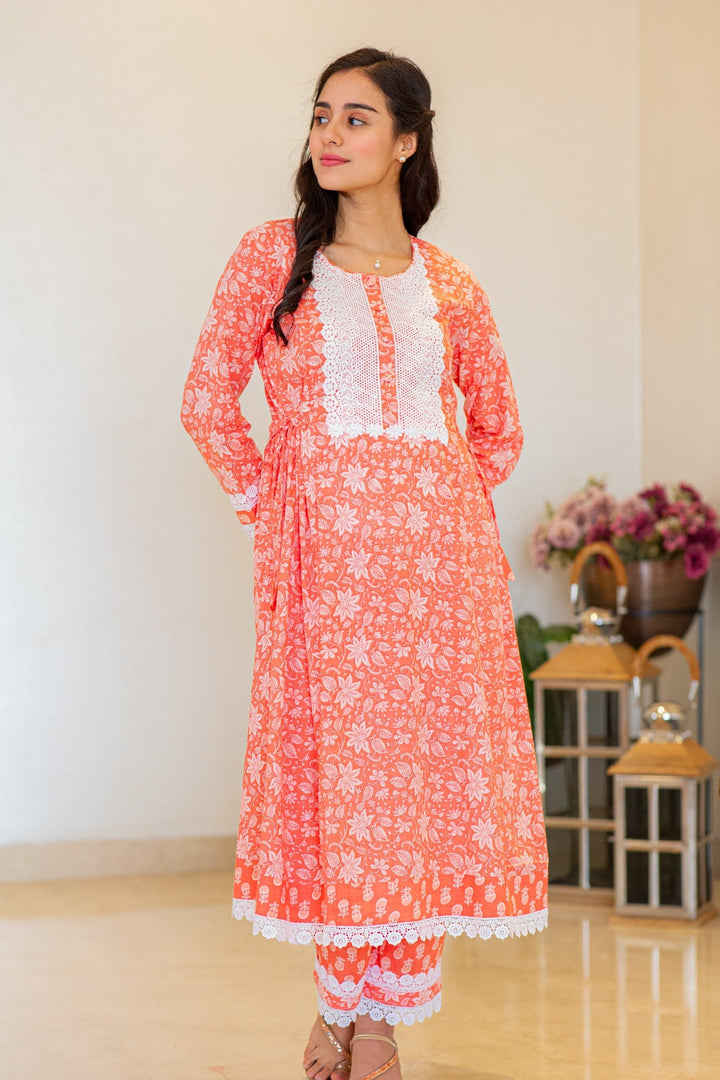 Daisy Pink Maternity & Nursing Kurta + Bump Band Bottom + Dupatta (3 Pc) (100% Cotton) momzjoy.com