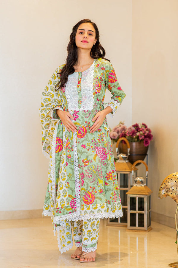 Sage Green Floral Maternity & Nursing Kurta + Bump Band Bottom + Dupatta (3 Pc) (100% Cotton) momzjoy.com