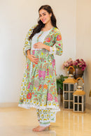 Sage Green Floral Maternity & Nursing Kurta + Bump Band Bottom + Dupatta (3 Pc) (100% Cotton) momzjoy.com