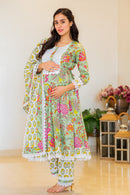 Sage Green Floral Maternity & Nursing Kurta + Bump Band Bottom + Dupatta (3 Pc) (100% Cotton) momzjoy.com