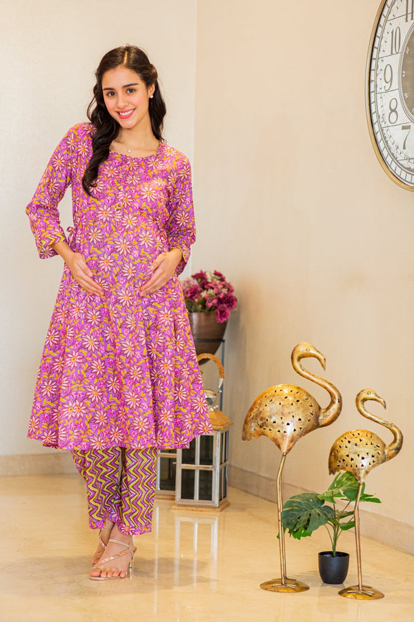 Stunning Purple Floral Maternity & Nursing Kurta Set (2pc) (100% Cotton) momzjoy.com