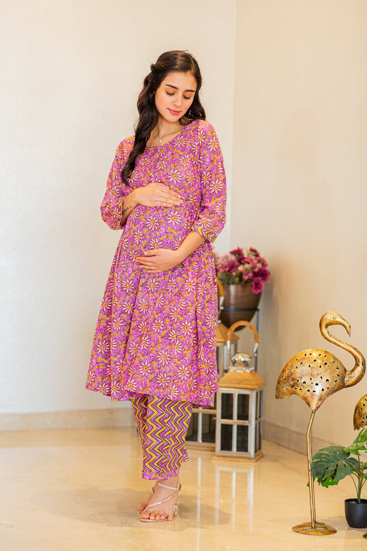 Stunning Purple Floral Maternity & Nursing Kurta Set (2pc) (100% Cotton) momzjoy.com