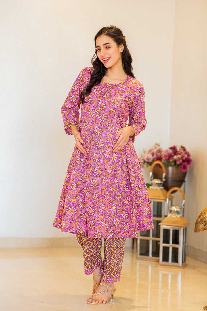 Stunning Purple Floral Maternity & Nursing Kurta Set (2pc) (100% Cotton) momzjoy.com