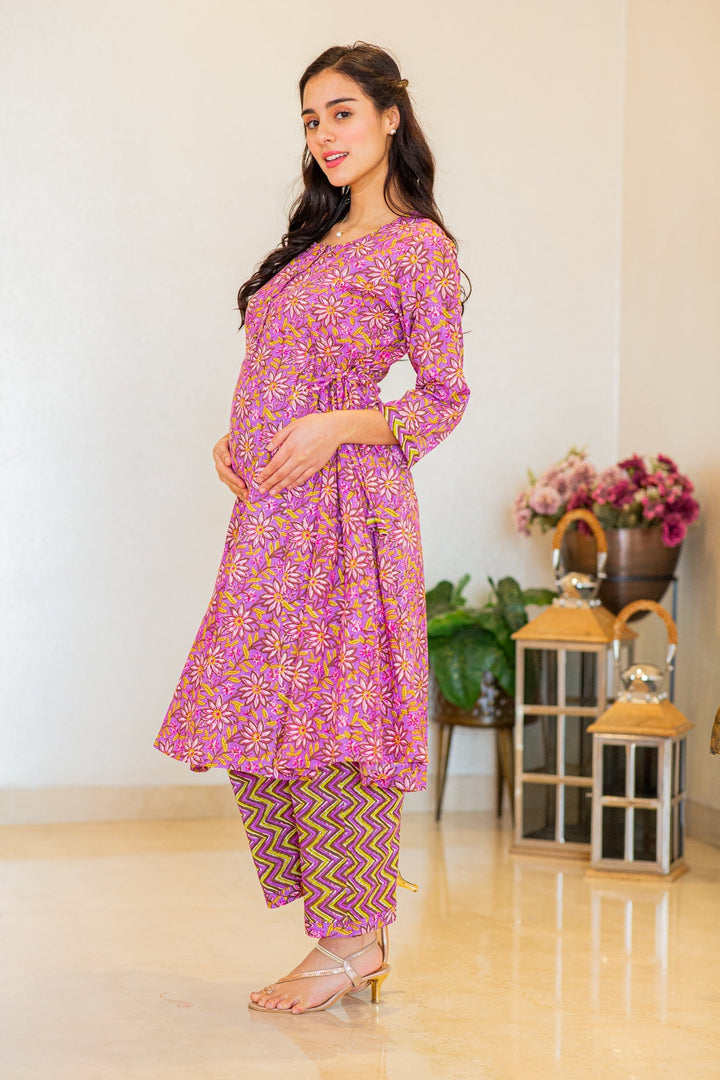 Stunning Purple Floral Maternity & Nursing Kurta Set (2pc) (100% Cotton) momzjoy.com