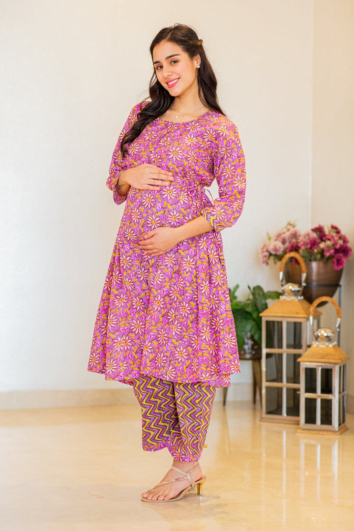 Stunning Purple Floral Maternity & Nursing Kurta Set (2pc) (100% Cotton) momzjoy.com