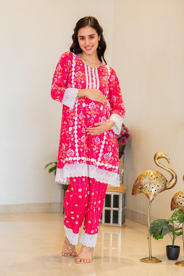 Luxe Raspberry Pink Maternity & Nursing Kurta + Bump Band Bottom + Dupatta (3 Pc) (100% Cotton) momzjoy.com