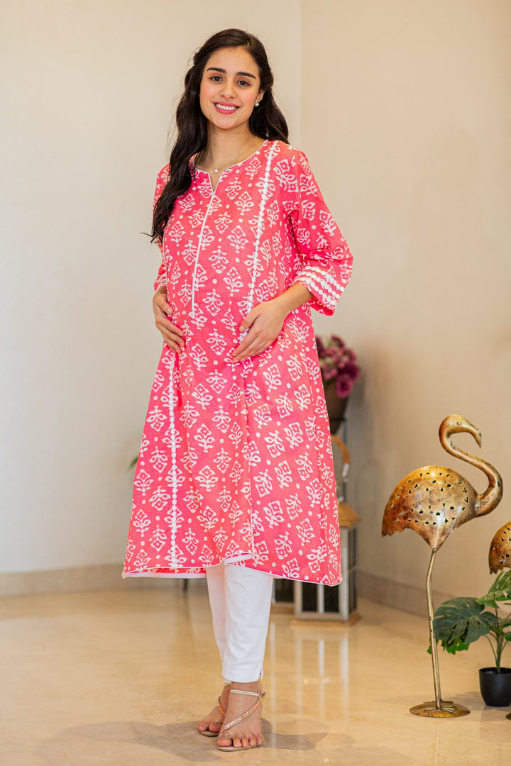 Classic Fuchsia Pink Maternity & Nursing Kurta (100% Cotton) momzjoy.com