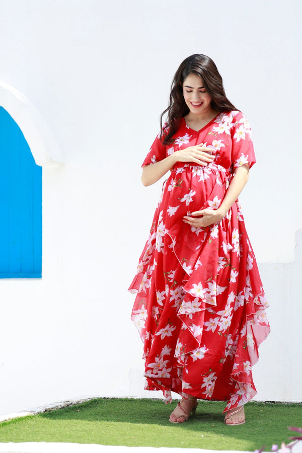 Crimson Red Blossom Maternity Flow Dress momzjoy.com
