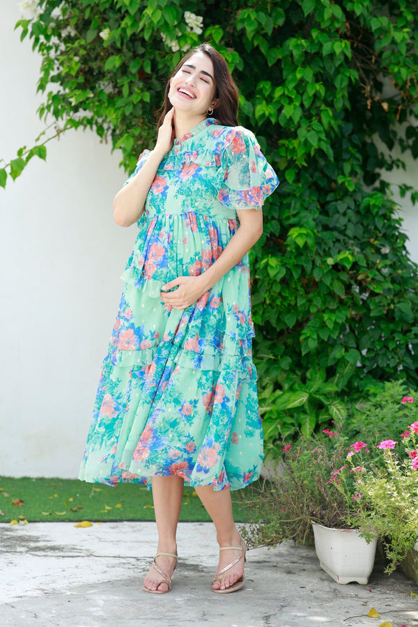 Classic Mint Floral Maternity & Nursing Frill Dress momzjoy.com