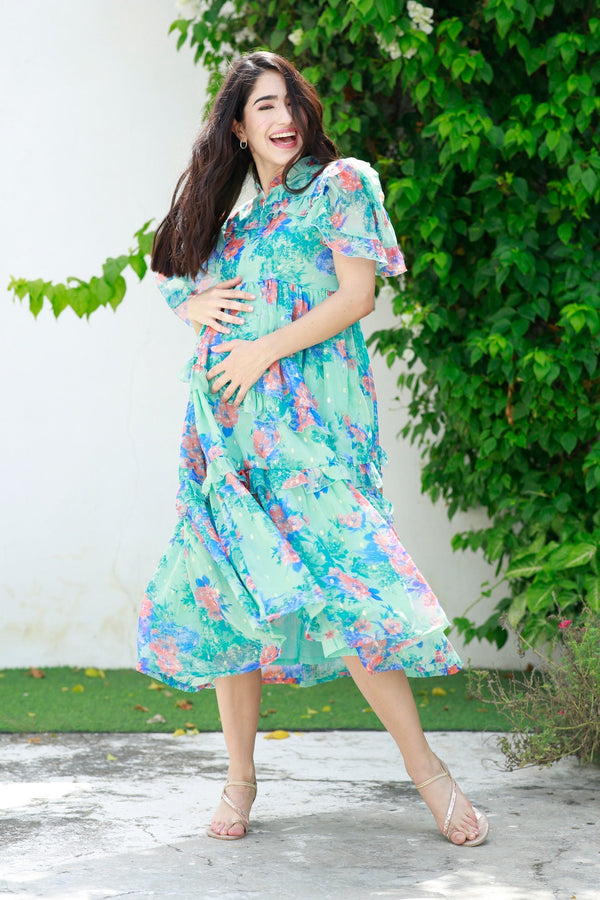 Classic Mint Floral Maternity & Nursing Frill Dress momzjoy.com