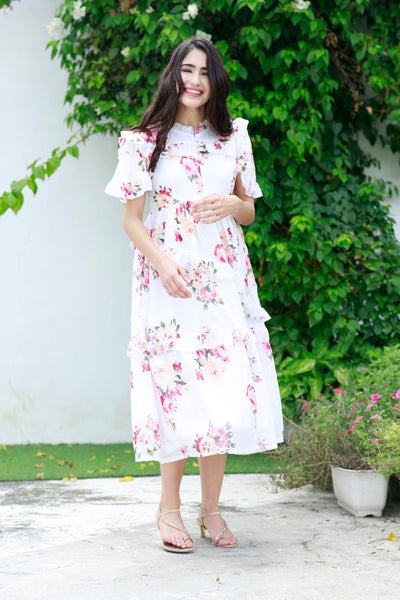 Soothing White Floral Maternity & Nursing Frill Dress momzjoy.com