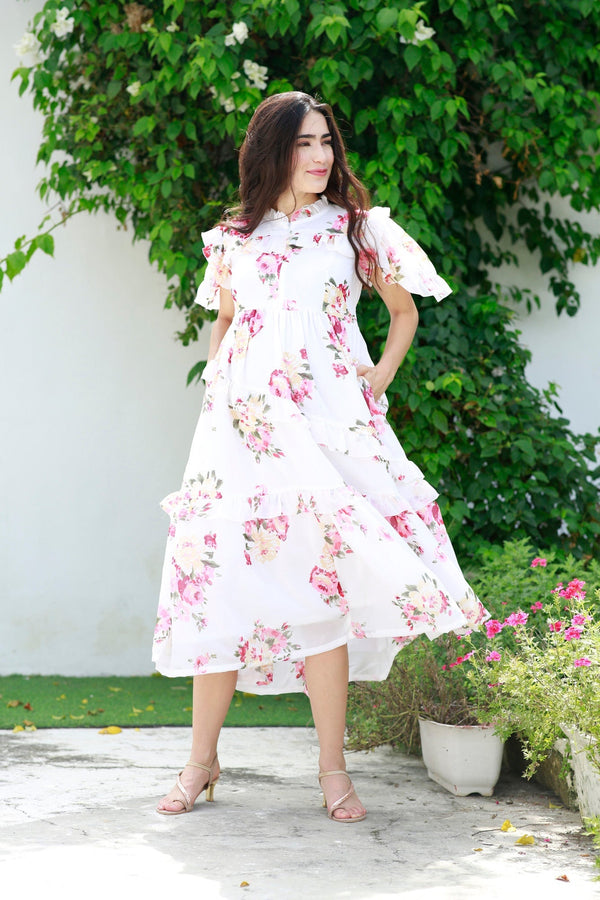 Soothing White Floral Maternity & Nursing Frill Dress momzjoy.com