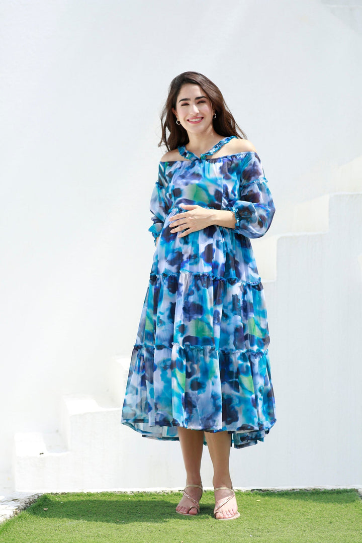 Paradise Blue Waves Halter Maternity & Nursing Frill Dress momzjoy.com