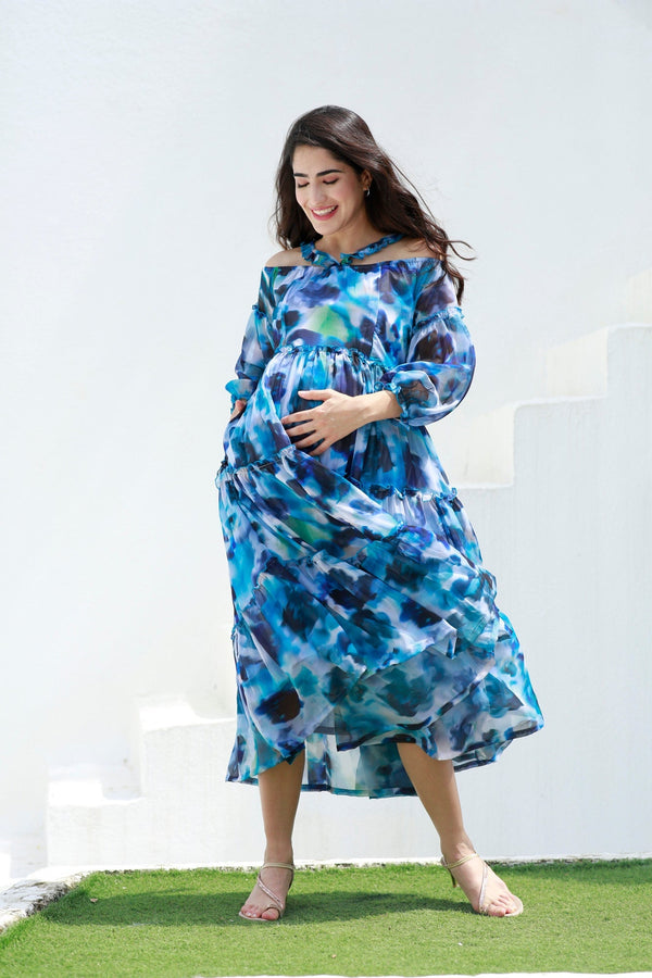 Paradise Blue Waves Halter Maternity & Nursing Frill Dress momzjoy.com