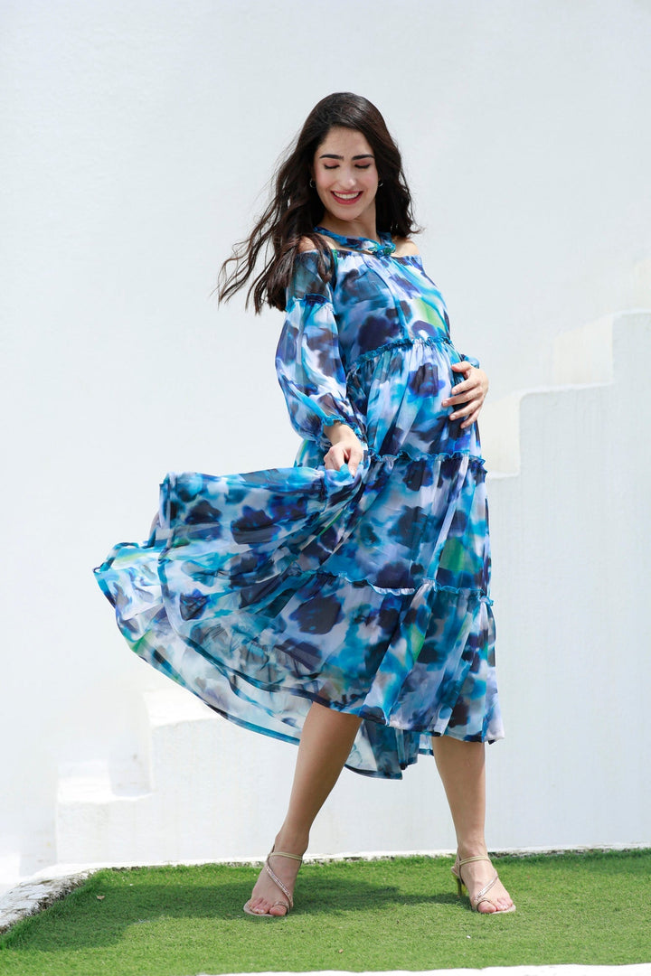 Paradise Blue Waves Halter Maternity & Nursing Frill Dress momzjoy.com