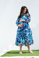 Paradise Blue Waves Halter Maternity & Nursing Frill Dress momzjoy.com
