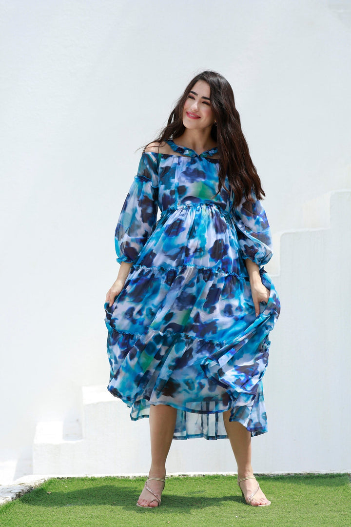 Paradise Blue Waves Halter Maternity & Nursing Frill Dress momzjoy.com