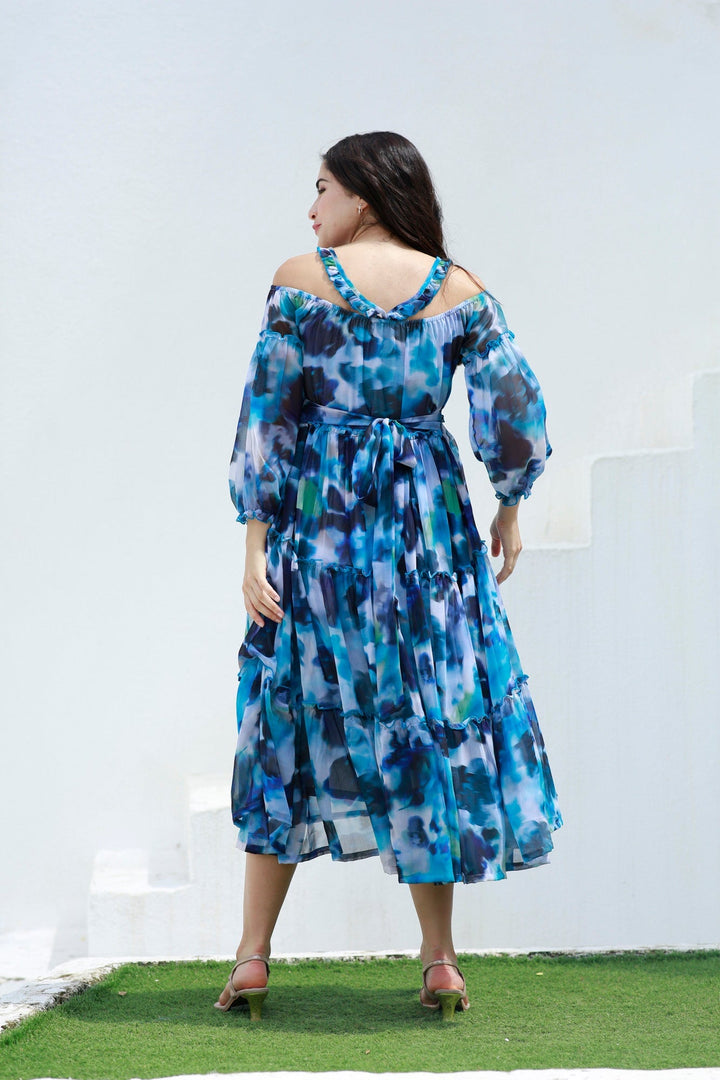 Paradise Blue Waves Halter Maternity & Nursing Frill Dress momzjoy.com