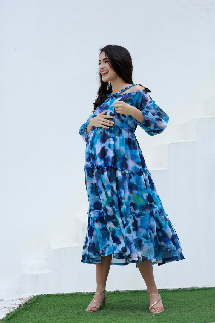 Paradise Blue Waves Halter Maternity & Nursing Frill Dress momzjoy.com