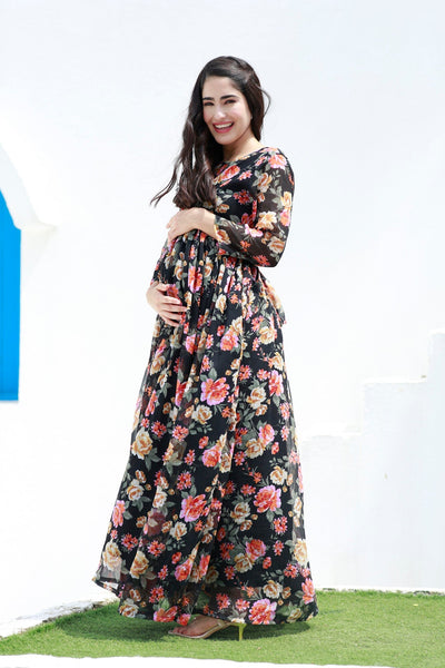 Serene Flower Pop Noir Chiffon Maternity Knot Dress MOMZJOY.COM