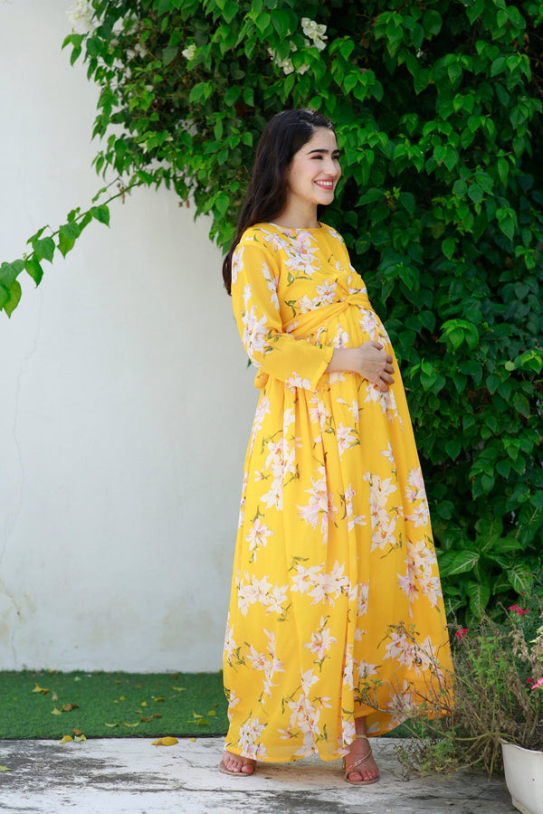 Cheery Sunny Blossom Maternity Knot Dress MOMZJOY.COM
