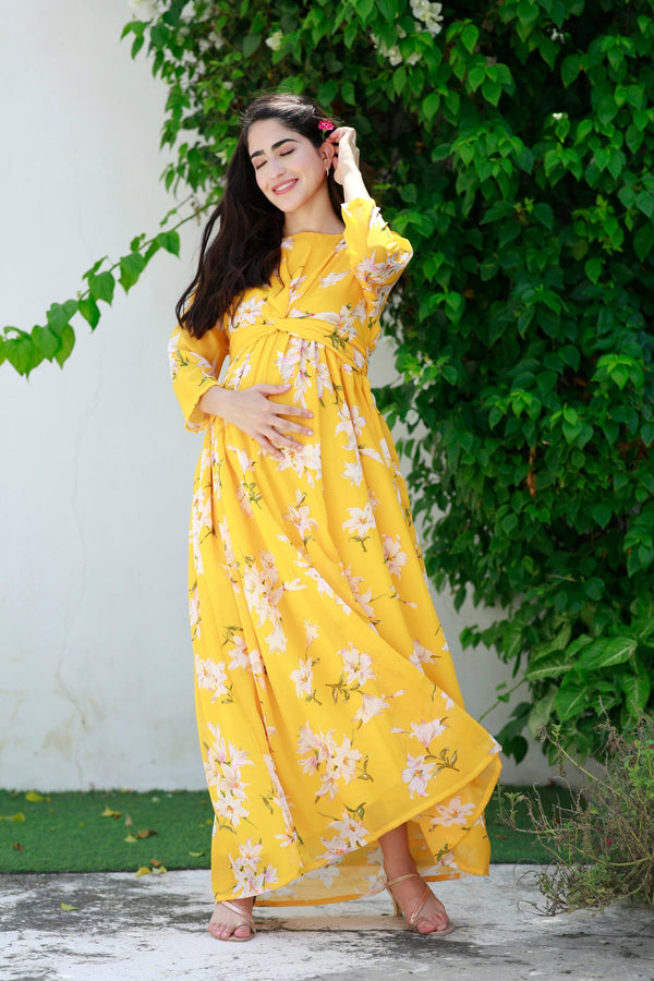 Cheery Sunny Blossom Maternity Knot Dress MOMZJOY.COM