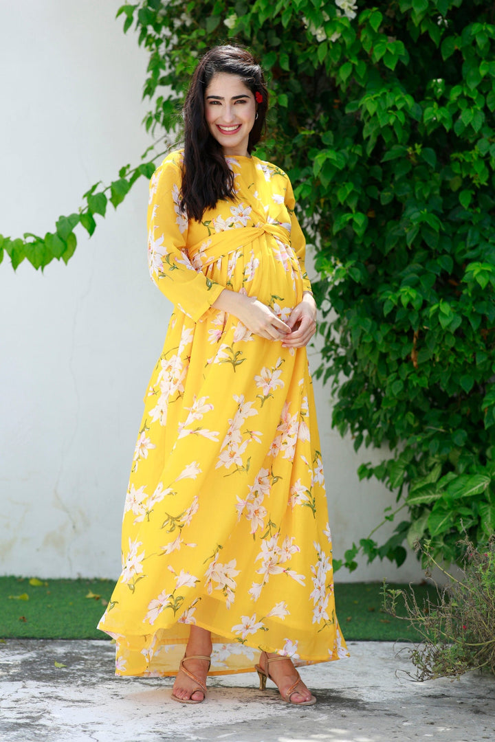 Cheery Sunny Blossom Maternity Knot Dress MOMZJOY.COM