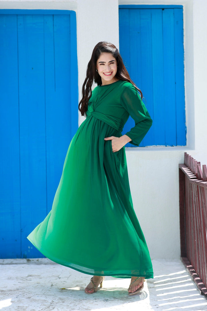 Graceful Emerald Green Maternity Knot Dress MOMZJOY.COM