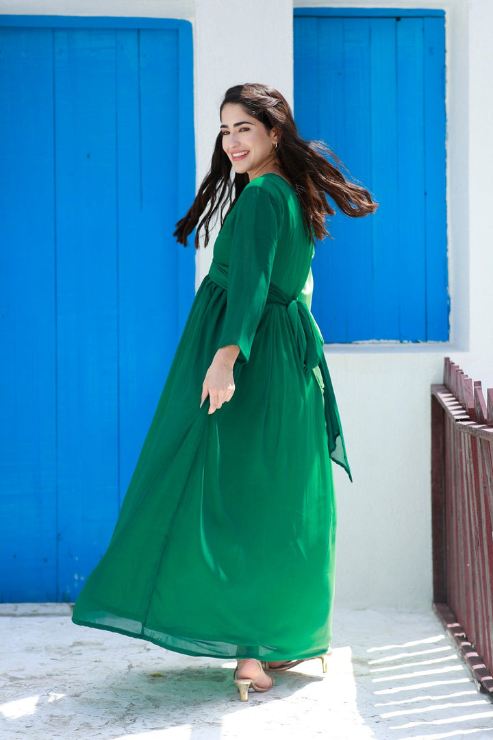 Graceful Emerald Green Maternity Knot Dress MOMZJOY.COM