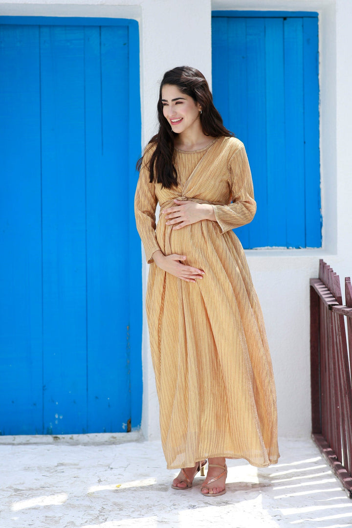 Luxe Golden Shimmery Maternity Knot Dress MOMZJOY.COM