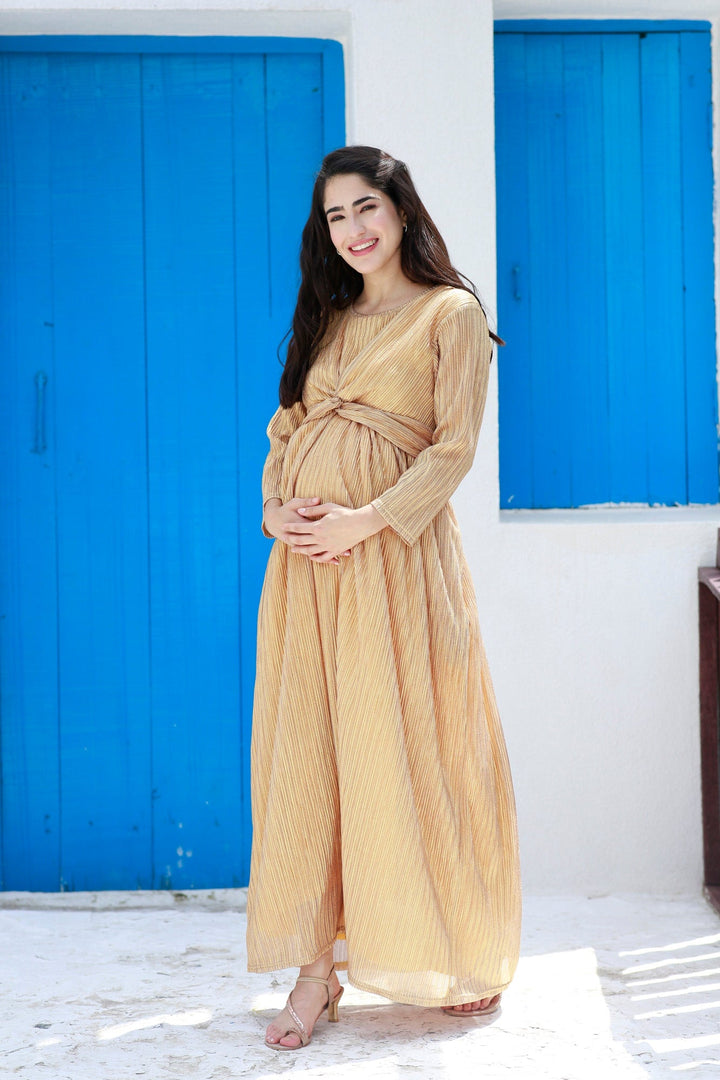 Luxe Golden Shimmery Maternity Knot Dress MOMZJOY.COM